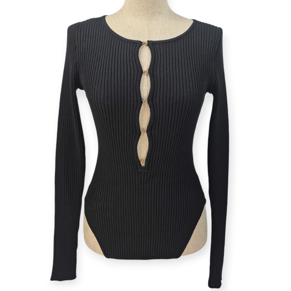 SISTERHOOD Ula Ribbed Knit Bodysuit Sweater Black Gold Hooks Size S